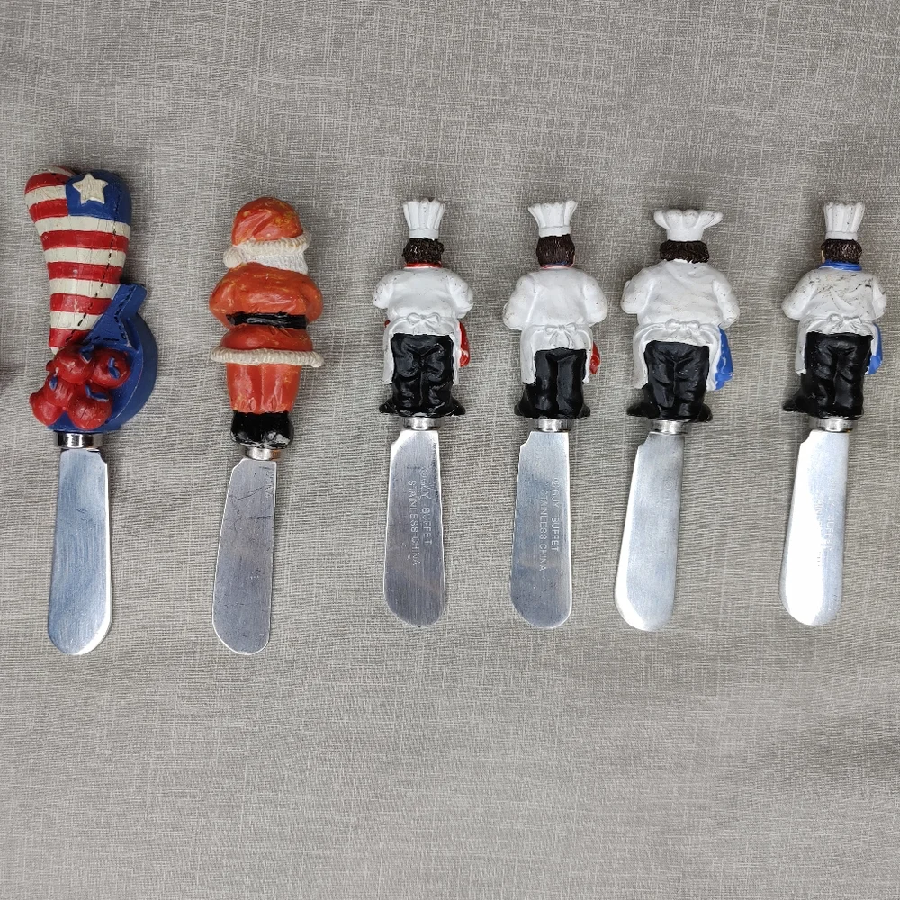 VINTAGE 90'S GUY BUFFETT CHEF AND KNOBLER STAINLESS STEEL CHEESE SPREADERS